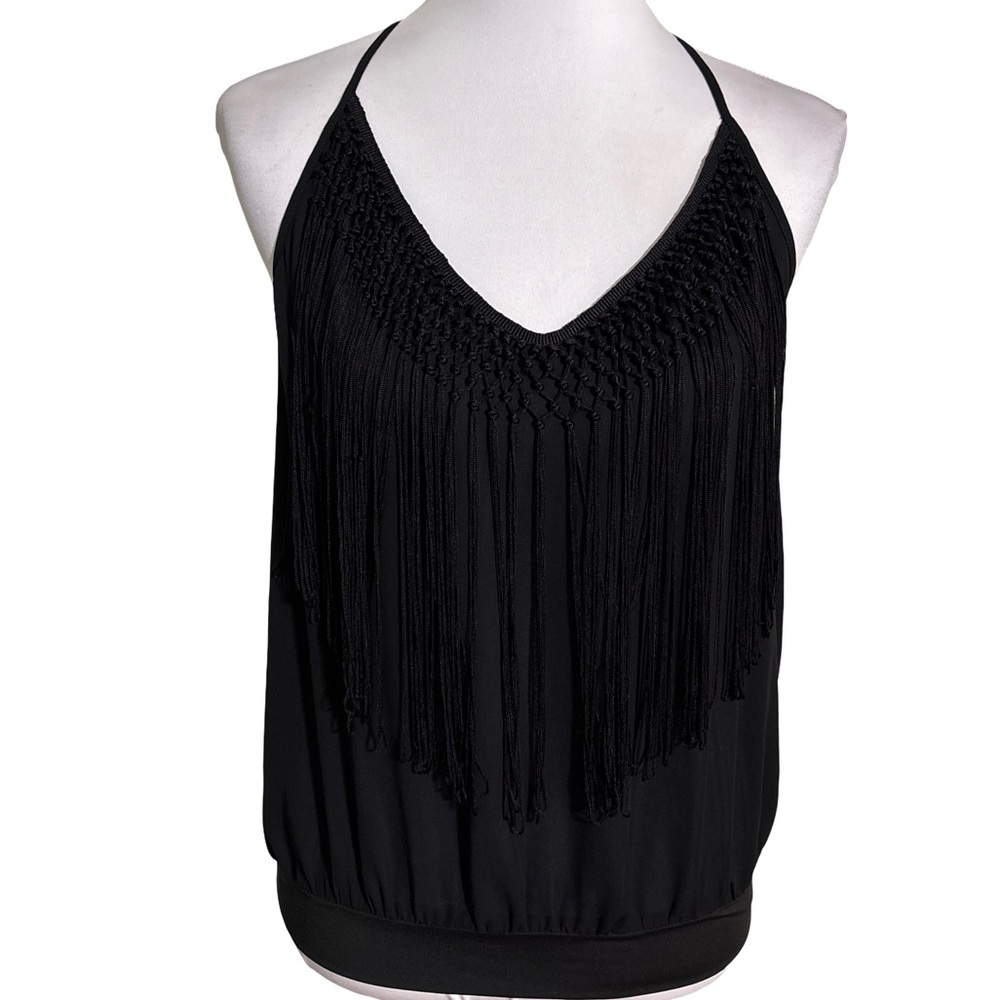 bebe Black Fringe Halter Blouse
